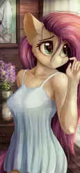 Size: 1440x3120 | Tagged: safe, alternate version, artist:alcor, derpibooru import, fluttershy, anthro, bat pony, pegasus, breasts, busty fluttershy, cheek fluff, chest fluff, clothes, cute, dress, ear fluff, female, flower, flutterbat, indoors, looking away, mare, nightgown, race swap, shyabetes, solo, stray strand