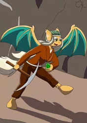 Size: 2480x3508 | Tagged: safe, artist:cyborglucario, derpibooru import, oc, oc:misty tailwind, anthro, bat pony, unguligrade anthro, bat pony oc, bat wings, cave, gem, helmet, pickaxe, wings