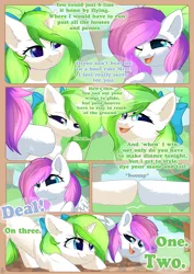 Size: 800x1132 | Tagged: safe, artist:alphadesu, derpibooru import, oc, oc:minty root, oc:snow kicker, unofficial characters only, pegasus, pony, unicorn, comic:sisterly love, bow, comic, ear fluff, female, floppy ears, hair bow, hooves, horn, mare, one eye closed, open mouth, outdoors, smiling, spread wings, tree, wings