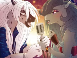 Size: 1280x960 | Tagged: safe, artist:dementra369, derpibooru import, oc, oc:noize, oc:rin frost, unofficial characters only, anthro, pony, anthro oc, clothes, couple, duet, eye contact, female, lip piercing, lipstick, long hair, looking at each other, male, mare, microphone, open mouth, piercing, singing, stallion