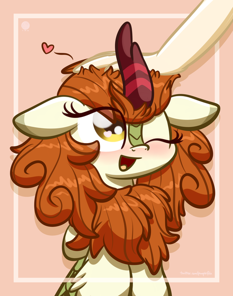 Size: 2560x3250 | Tagged: safe, artist:kimjoman, derpibooru import, autumn blaze, human, kirin, awwtumn blaze, blushing, bust, cute, disembodied hand, female, floating heart, fluffy, hand, heart, high res, hooves to the chest, offscreen character, offscreen human, one eye closed, open mouth, petting