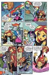 Size: 600x923 | Tagged: safe, artist:pencils, derpibooru import, idw, applejack, fluttershy, rainbow dash, rarity, sci-twi, sunset shimmer, twilight sparkle, robot, equestria girls, spoiler:comic, spoiler:comicequestriagirlsmarchradness, balloon, balloon popping, basketball, clothes, lattice-bot, popping, preview, school desk, shoes, spinning, sports