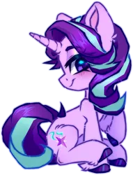 Size: 2514x3287 | Tagged: safe, alternate version, artist:_spacemonkeyz_, derpibooru import, starlight glimmer, pony, unicorn, background removed, blushing, colored hooves, female, hoof fluff, mare, palindrome get, raised hoof, simple background, sitting, solo, transparent background