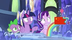 Size: 720x405 | Tagged: safe, derpibooru import, edit, edited screencap, screencap, spike, starlight glimmer, twilight sparkle, twilight sparkle (alicorn), alicorn, dragon, pony, unicorn, a royal problem, china, cutie map, face swap, implied coronavirus, rainbow, this will not end well, throne room, twilight's castle