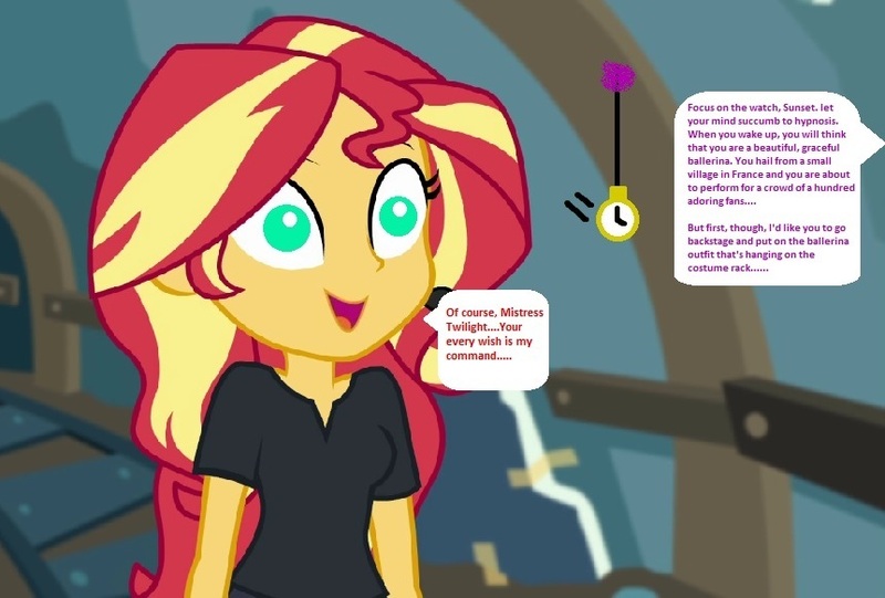 Size: 861x582 | Tagged: safe, derpibooru import, edit, edited screencap, editor:thomasfan45, screencap, sunset shimmer, human, all the world's off stage, equestria girls, equestria girls series, 1000 hours in ms paint, ballerina, clothes, cropped, cute, description is relevant, director shimmer, female, geode of telekinesis, hypno eyes, hypnosis, hypnotized, implied sci-twi, levitation, magic, magical geodes, mistress, open mouth, pendulum swing, pocket watch, shirt, smiling, solo, speech bubble, story included, t-shirt, telekinesis