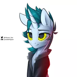 Size: 1700x1700 | Tagged: safe, artist:justafallingstar, derpibooru import, oc, cyber pony, cyborg, pony, unicorn, augmented, bust, clothes, cyberpunk, male, portrait, simple background, solo