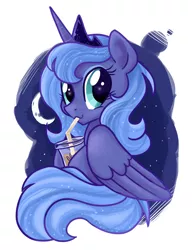 Size: 1008x1296 | Tagged: safe, alternate version, artist:zoidledoidle, derpibooru import, princess luna, alicorn, pony, coffee, crescent moon, crown, cute, drink, drinking, female, iced coffee, jewelry, lunabetes, mare, moon, night, regalia, s1 luna, sky, solo, stars, straw