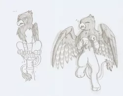 Size: 1382x1080 | Tagged: safe, artist:ravenpuff, deleted from derpibooru, derpibooru import, oc, oc:stormare, unofficial characters only, gryphon, behaving like a bird, behaving like a cat, duo, eyes closed, grayscale, griffon oc, male, monochrome, on back, perching, sleeping, traditional art, water fountain