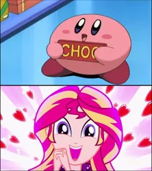Size: 720x811 | Tagged: safe, derpibooru import, edit, edited screencap, screencap, sunset shimmer, eqg summertime shorts, equestria girls, pet project, candy, chocolate bar, cute, food, hnnng, kirby, kirby (character), kirby of the stars, kirby right back at ya, meme, nintendo, reaction image, shimmering the gecko