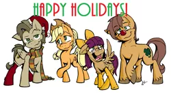 Size: 2352x1300 | Tagged: safe, artist:lucas_gaxiola, derpibooru import, applejack, oc, oc:lauren juice, earth pony, pegasus, pony, christmas, clothes, earth pony oc, female, freckles, happy holidays, hat, holiday, male, mare, open mouth, pegasus oc, raised hoof, santa hat, scarf, signature, simple background, smiling, smirk, stallion, text, unshorn fetlocks, white background, wings