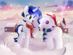 Size: 2000x1500 | Tagged: safe, artist:raily, derpibooru import, oc, oc:muffinkarton, pony, unicorn, button eyes, clothes, house, levitation, magic, scarf, snow, snowmare, snowpony, solo, telekinesis, winter