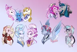 Size: 2597x1778 | Tagged: alicorn, alicorn oc, artist:bunnari, bluetrix, bust, derpibooru import, family, female, fleur-de-blueblood, fleur-de-bluetrix, fleur-de-lis, half-siblings, horn, male, oc, offspring, parent:fleur-de-lis, parent:prince blueblood, parent:princess cadance, parents:bluetrix, parents:fleur-de-blueblood, parent:shining armor, parents:shiningcadance, parent:stygian, parent:trixie, polyamory, prince blueblood, princess cadance, safe, shipping, straight, stygian, trixie, wings