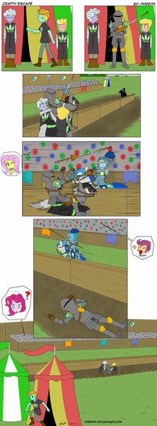 Size: 1280x3459 | Tagged: safe, artist:pheeph, derpibooru import, fluttershy, lightning dust, pinkie pie, rainbow dash, rolling thunder, scootaloo, short fuse, equestria girls, armor, comic, how, jousting, jousting outfit, lance, male, old master q, parody, sneaking, stallion, washouts (team), weapon