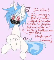 Size: 1706x1906 | Tagged: safe, artist:clair, derpibooru import, oc, oc:clair, oc:clairvoyance, unofficial characters only, pony, unicorn, blackletter, coronavirus, covid-19, face mask, heart eyes, owo, ppe, ribbon, simple background, solo, text, wingding eyes