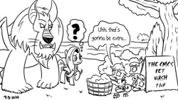 Size: 1200x675 | Tagged: safe, artist:pony-berserker, derpibooru import, apple bloom, fluttershy, scootaloo, sweetie belle, earth pony, manticore, pegasus, pony, unicorn, black and white, cutie mark crusaders, female, filly, foal, grayscale, mare, monochrome, pony-berserker's twitter sketches, question mark, soap, speech bubble, thought bubble