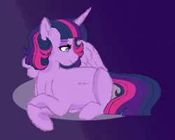 Size: 680x544 | Tagged: safe, artist:rosebuddity, derpibooru import, twilight sparkle, twilight sparkle (alicorn), alicorn, pony, pregnant, prone, purple background, simple background, solo