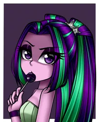 Size: 726x900 | Tagged: safe, artist:nekojackun, derpibooru import, aria blaze, equestria girls, rainbow rocks, abstract background, ariabetes, bare shoulders, bracelet, bust, candy, clothes, corset, cute, eye clipping through hair, female, food, jewelry, lollipop, looking at you, pigtails, raised eyebrow, sleeveless, solo, strapless, twintails