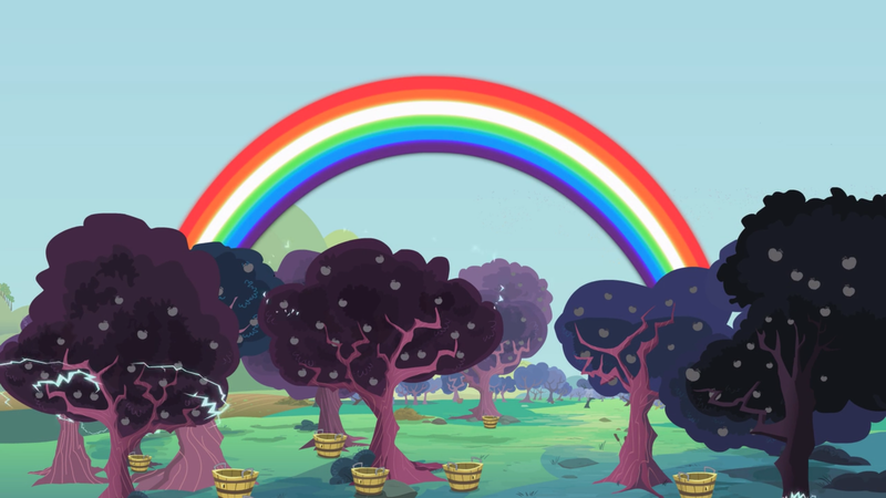 Size: 2000x1125 | Tagged: safe, derpibooru import, screencap, family appreciation day, apple, apple orchard, apple tree, basket, electricity, food, no pony, orchard, rainbow, tree, unripe zap apple, zap apple, zap apple tree