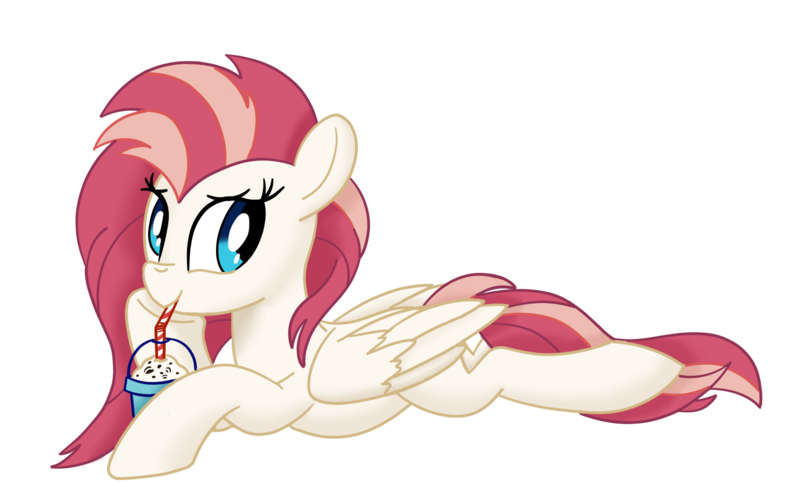 Size: 1540x964 | Tagged: safe, artist:notadeliciouspotato, derpibooru import, oc, oc:aureai, unofficial characters only, pegasus, pony, bendy straw, cookie, drink, drinking, drinking straw, female, folded wings, food, hoof on chin, looking at you, mare, milkshake, oreo, prone, simple background, smiling, solo, straw, transparent background, wings