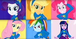 Size: 2480x1276 | Tagged: safe, derpibooru import, applejack, fluttershy, pinkie pie, rainbow dash, rarity, twilight sparkle, equestria girls, equestria girls (movie), collage, helping twilight win the crown, humane five, mane six, wondercolts, wondercolts uniform