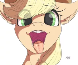 Size: 4000x3334 | Tagged: suggestive, artist:azerta56, derpibooru import, applejack, earth pony, pony, clothes, cowboy hat, esophagus, female, gullet, hat, human teeth, imminent vore, looking at you, maw, mawshot, offscreen character, open mouth, oral invitation, pov, predajack, salivating, simple background, slimy, solo, solo female, stetson, taste buds, tongue out, uvula, white background