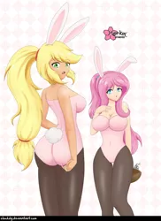 Size: 1000x1372 | Tagged: suggestive, alternate version, artist:clouddg, derpibooru import, applejack, fluttershy, bat pony, human, applebutt, ass, big breasts, breasts, bunny ears, bunnyjack, bunnyshy, bunny suit, busty applejack, busty fluttershy, butt, cleavage, clothes, easter, flutterbat, holiday, human coloration, humanized, leotard, looking at you, looking back, looking back at you, open mouth, race swap, sexy, stupid sexy applejack, stupid sexy fluttershy