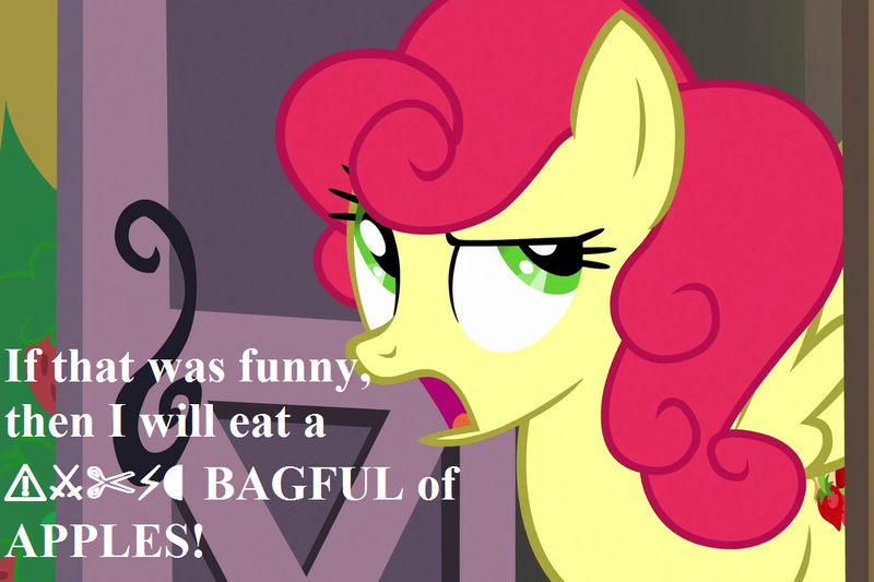Size: 1080x720 | Tagged: censored vulgarity, cropped, derpibooru import, dude not funny (reaction image), edit, edited screencap, grawlixes, honest apple, reaction image, safe, screencap, speech, strawberry savage, strawberry sunrise, talking, that pony sure does hate apples