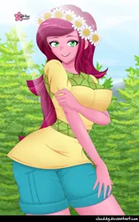 Size: 790x1258 | Tagged: safe, artist:clouddg, derpibooru import, gloriosa daisy, equestria girls, legend of everfree, breasts, busty gloriosa daisy, clothes, crepuscular rays, female, floral head wreath, flower, looking at you, open mouth, shorts, solo