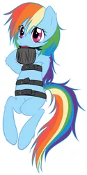 Size: 1793x3596 | Tagged: suggestive, artist:homumu, derpibooru import, rainbow dash, pegasus, pony, ballgag, belts, bondage, bound wings, bound wrists, eyelashes, female, femsub, gag, mare, rainbond dash, simple background, solo, submissive, tied up, white background, wings