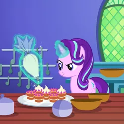 Size: 1079x1079 | Tagged: safe, derpibooru import, screencap, starlight glimmer, pony, unicorn, all bottled up, cake, cropped, female, food, mare, solo, teacakes