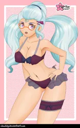 Size: 851x1352 | Tagged: suggestive, alternate version, artist:clouddg, derpibooru import, sugarcoat, human, equestria girls, friendship games, armpits, belly button, bra, breasts, busty sugarcoat, cleavage, clothes, female, garter, glasses, human coloration, lingerie, looking at you, nudity, open mouth, panties, pigtails, sexy, signature, solo, solo female, stupid sexy sugarcoat, twintails, underwear