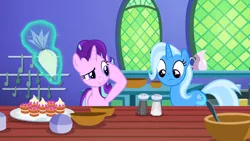 Size: 1920x1080 | Tagged: safe, derpibooru import, screencap, starlight glimmer, trixie, pony, unicorn, all bottled up, cake, female, food, mare, teacakes