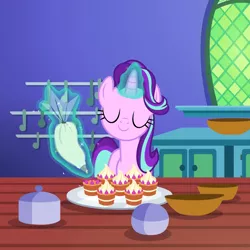 Size: 1080x1080 | Tagged: safe, derpibooru import, screencap, starlight glimmer, pony, unicorn, all bottled up, cake, cropped, female, food, frosting, icing bag, mare, solo, teacakes