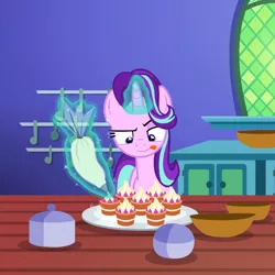 Size: 1080x1080 | Tagged: safe, derpibooru import, screencap, starlight glimmer, pony, unicorn, all bottled up, cake, cropped, female, food, mare, solo, teacakes, tongue out