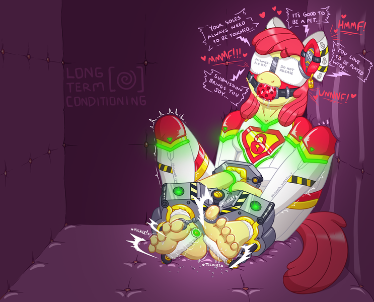 Size: 1104x891 | Tagged: questionable, semi-grimdark, alternate version, artist:caroo, derpibooru import, apple bloom, anthro, earth pony, plantigrade anthro, ankle cuffs, ballgag, blindfold, bloomsub, bondage, bow, brainwashing, cuffs, drool, ear plugs, ear tag, feet, fetish, floating heart, foot fetish, gag, heart, hypnosis, kryptonite, latex, latex suit, muffled laughter, muffled moaning, older, padded cell, superfilly, tickle fetish, tickle roller, tickle torture, tickling, toes, toe tied