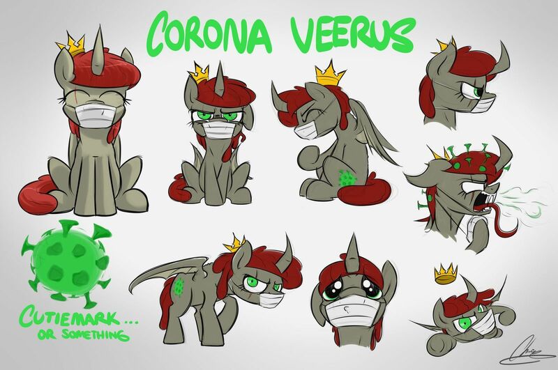 Size: 1600x1062 | Tagged: safe, artist:oinktweetstudios, derpibooru import, oc, oc:corona veerus, ponified, unofficial characters only, hybrid, monster pony, pony, coronavirus, coughing, covid-19, crown, curved horn, face mask, fangs, female, gray background, hissing, horn, jewelry, long tongue, mare, ppe, regalia, scar, simple background, solo, surgical mask, tongue out, wings