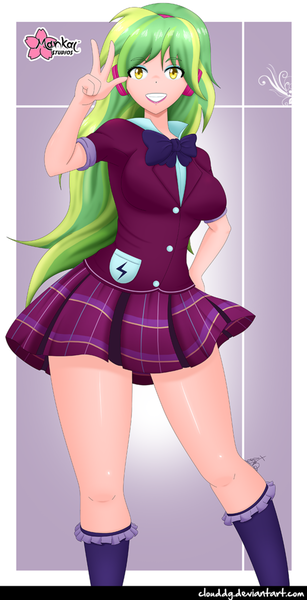 Size: 717x1402 | Tagged: safe, alternate version, artist:clouddg, derpibooru import, lemon zest, equestria girls, friendship games, bowtie, breasts, busty lemon zest, clothes, crystal prep academy uniform, female, headphones, human coloration, legs, looking at you, miniskirt, peace sign, plaid skirt, pleated skirt, school uniform, sexy, skirt, smiling, socks, solo, thighs, waving