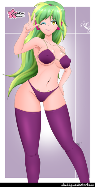 Size: 717x1402 | Tagged: questionable, alternate version, artist:clouddg, derpibooru import, lemon zest, human, equestria girls, armpits, belly button, bra, breasts, busty lemon zest, cameltoe, clothes, erect nipples, female, headphones, human coloration, legs, nipple outline, nudity, one eye closed, panties, purple underwear, sexy, signature, socks, solo, solo female, stockings, stupid sexy lemon zest, thigh highs, thighs, underboob, underwear, wink