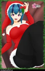 Size: 777x1232 | Tagged: suggestive, alternate version, artist:clouddg, derpibooru import, sonata dusk, human, equestria girls, ass, bare shoulders, breasts, busty sonata dusk, butt, christmas, clothes, costume, detached sleeves, female, hat, holiday, holly, holly mistaken for mistletoe, human coloration, humanized, legs, open mouth, santa costume, santa hat, sexy, sexy santa costume, solo, solo female, sonata donk, thighs