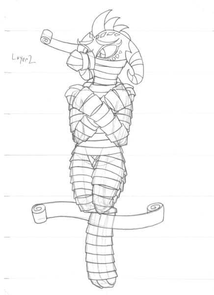 Size: 2550x3510 | Tagged: artist:supra80, bondage, crossed arms, derpibooru import, dragon, dragoness, female, gag, grayscale, magic, monochrome, mummification, mummified, pencil drawing, princess ember, questionable, sketch, solo, solo female, telekinesis, traditional art, wrapping