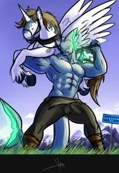 Size: 789x1150 | Tagged: safe, artist:bgn, derpibooru import, oc, oc:todex, oc:vonce, unofficial characters only, alicorn, anthro, pony, shark, abs, alicorn oc, armpits, clothes, digital art, duo, grass, hoers, holding a pony, horn, kyrgyzstan, lifting, lifting ponies, mountain, muscles, pants, partial nudity, pecs, signboard, sky, tail, topless, wings
