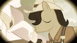 Size: 2000x1125 | Tagged: safe, derpibooru import, screencap, princess celestia, earth pony, pony, family appreciation day, apple family member, eyes closed, flashback, granny smith's father, hat, hoof kissing, hoof shoes, kissing, male, raised hoof, sepia, solo focus, stallion