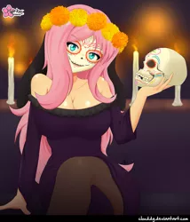 Size: 1083x1265 | Tagged: safe, alternate version, artist:clouddg, derpibooru import, fluttershy, bat pony, human, equestria girls, bare shoulders, big breasts, breasts, busty fluttershy, calaverita, candle, cempasúchil, cleavage, clothes, dia de los muertos, dress, face paint, female, flutterbat, holiday, humanized, looking at you, race swap, signature, skull, solo