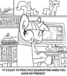 Size: 2250x2550 | Tagged: safe, artist:tjpones, derpibooru import, twilight sparkle, human, pony, spider, unicorn, alone, black and white, computer, computer mouse, coronavirus, covid-19, drive me closer, female, gallabuse, grayscale, horse puns, isolation, lineart, mare, meme, mmo, monochrome, plushie, quarantine, resident evil, solo, talking to viewer, tank (vehicle), unicorn twilight, warhammer (game), warhammer 40k