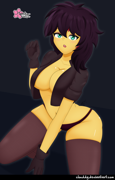 Size: 687x1070 | Tagged: suggestive, artist:clouddg, derpibooru import, sunset shimmer, werewolf, costume conundrum, equestria girls, equestria girls series, spoiler:choose your own ending (season 2), spoiler:eqg series (season 2), big breasts, breasts, busty sunset shimmer, clothes, costume, covering, digital art, female, gloves, signature, smiling, socks, solo, solo female, stockings, thigh highs