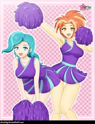 Size: 1228x1600 | Tagged: safe, alternate version, artist:clouddg, derpibooru import, lighthoof, shimmy shake, human, 2 4 6 greaaat, equestria girls, armpits, breasts, cheerleader, clothes, equestria girls-ified, female, human coloration, signature, smiling