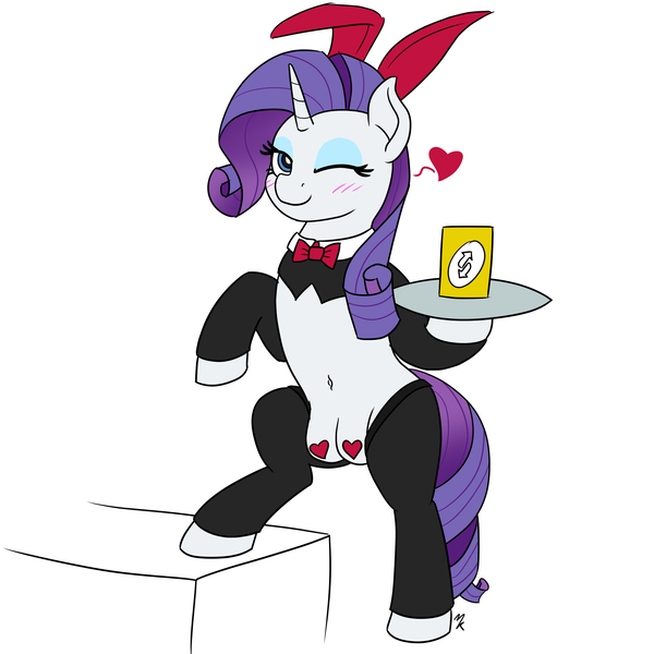 Size: 2480x2480 | Tagged: questionable, artist:mkogwheel, derpibooru import, rarity, pony, unicorn, belly button, bipedal, bunny ears, bunny suit, clothes, crotchboobs, female, heart, heart pasties, image, nudity, one eye closed, pasties, png, reverse bunny suit, reverse card, solo, solo female, teats, wink