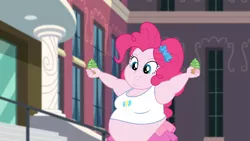 Size: 2560x1440 | Tagged: suggestive, artist:neongothic, derpibooru import, edit, edited screencap, screencap, pinkie pie, equestria girls, equestria girls series, text support, adorafatty, bbw, belly, belly button, big belly, breasts, busty pinkie pie, chubbie pie, chubby, cupcake, double chin, fat, female, food, obese, piggy pie, pudgy pie, smiling, weight gain