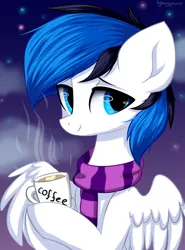 Size: 1000x1350 | Tagged: safe, artist:hydrargyrum, derpibooru import, oc, oc:waver, unofficial characters only, pegasus, pony, clothes, coffee, coffee mug, commission, female, lidded eyes, looking at you, mare, mug, pegasus oc, scarf, signature, smiling, solo, wings, ych result