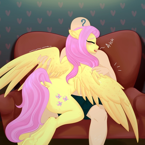 Size: 2160x2160 | Tagged: questionable, artist:evlass, derpibooru import, fluttershy, oc, oc:anon, human, pegasus, pony, semi-anthro, accidental orgasm, accidental stimulation, canon x oc, casual nudity, clothed male nude female, dock, eyes closed, fanfic art, female, female orgasm, human male, human male on mare, human on pony action, imminent bite, interspecies, male, mare, massage, nudity, orgasm, spread wings, straight, strategically covered, tongue out, underhoof, wingboner, wings